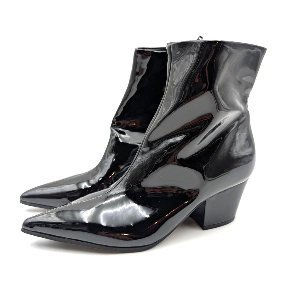 Nine West Serri Pointed Toe Patent Ankle Boots Side Zip Women's Black Size US7M